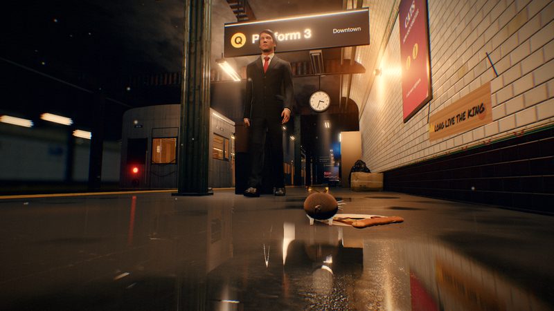 The Commuter in his dark suit, towering over the rat.