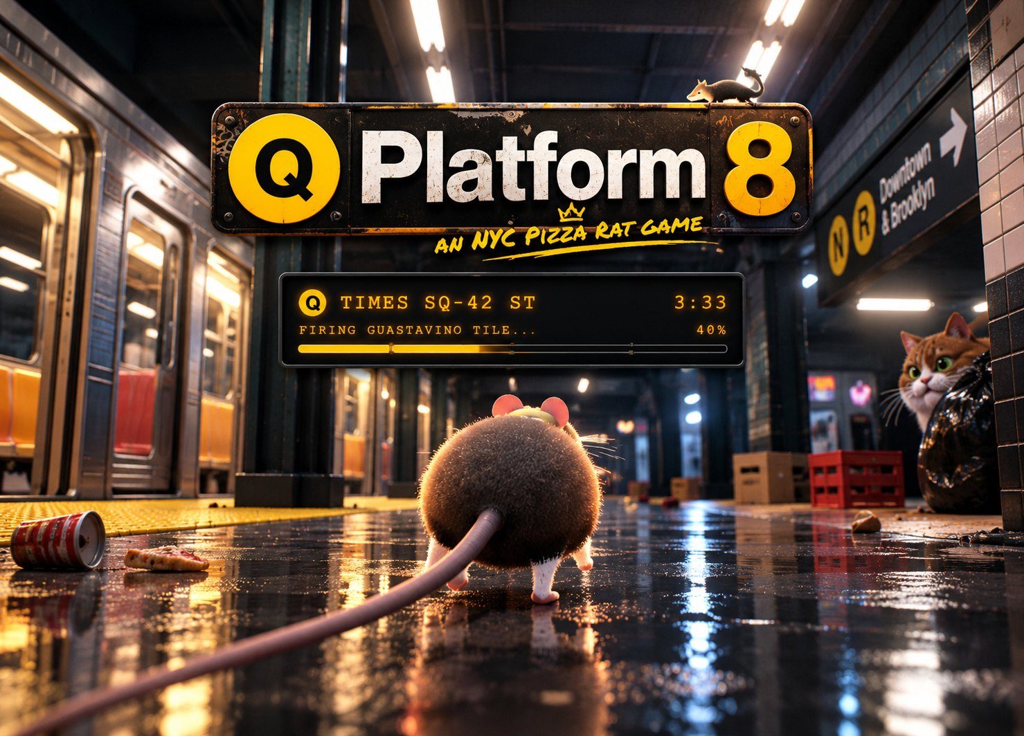 A rat on a wet New York subway platform at night, a Q train with its doors open, under a battered sign that reads Platform 8, an NYC Pizza Rat game.