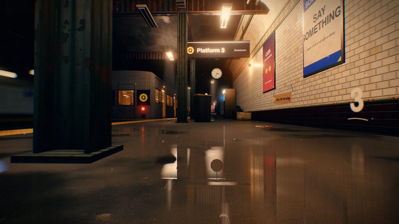 The wet platform under the Platform 3 sign, posters on the wall.