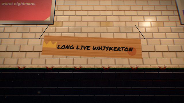 A handmade banner on the tiled wall of the platform.